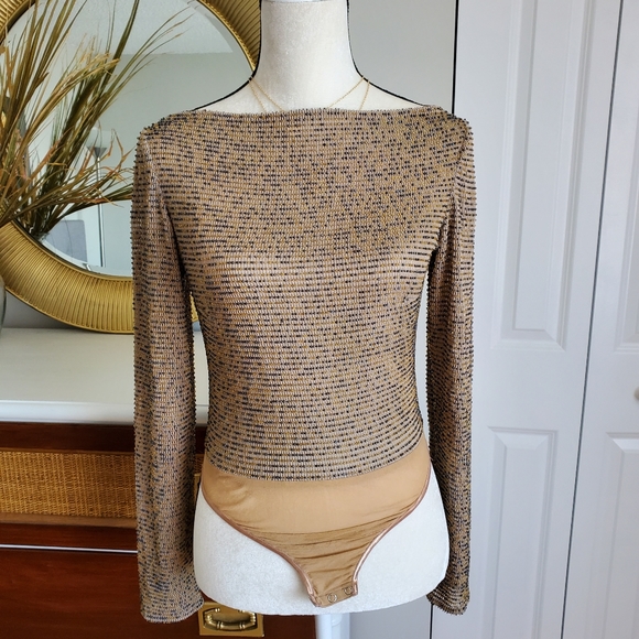 Sequin beaded long sleeve tan thong bodysuit - Picture 3 of 7